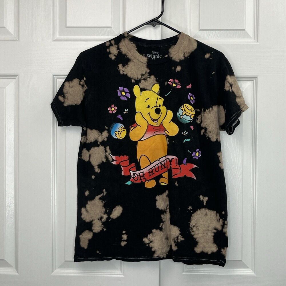 Disney Winnie the Pooh T-Shirt Medium Black Bleach Dye Graphic 100% Cotton